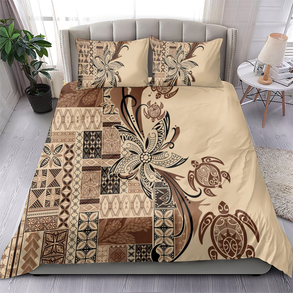 Talofa Samoa Mamanu Siapo Mix Malu Bedding Set Classic Beige Frangipani and Turtles LT7 - Polynesian Pride