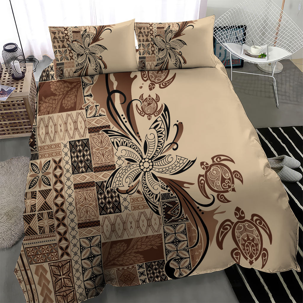 Talofa Samoa Mamanu Siapo Mix Malu Bedding Set Classic Beige Frangipani and Turtles LT7 - Polynesian Pride