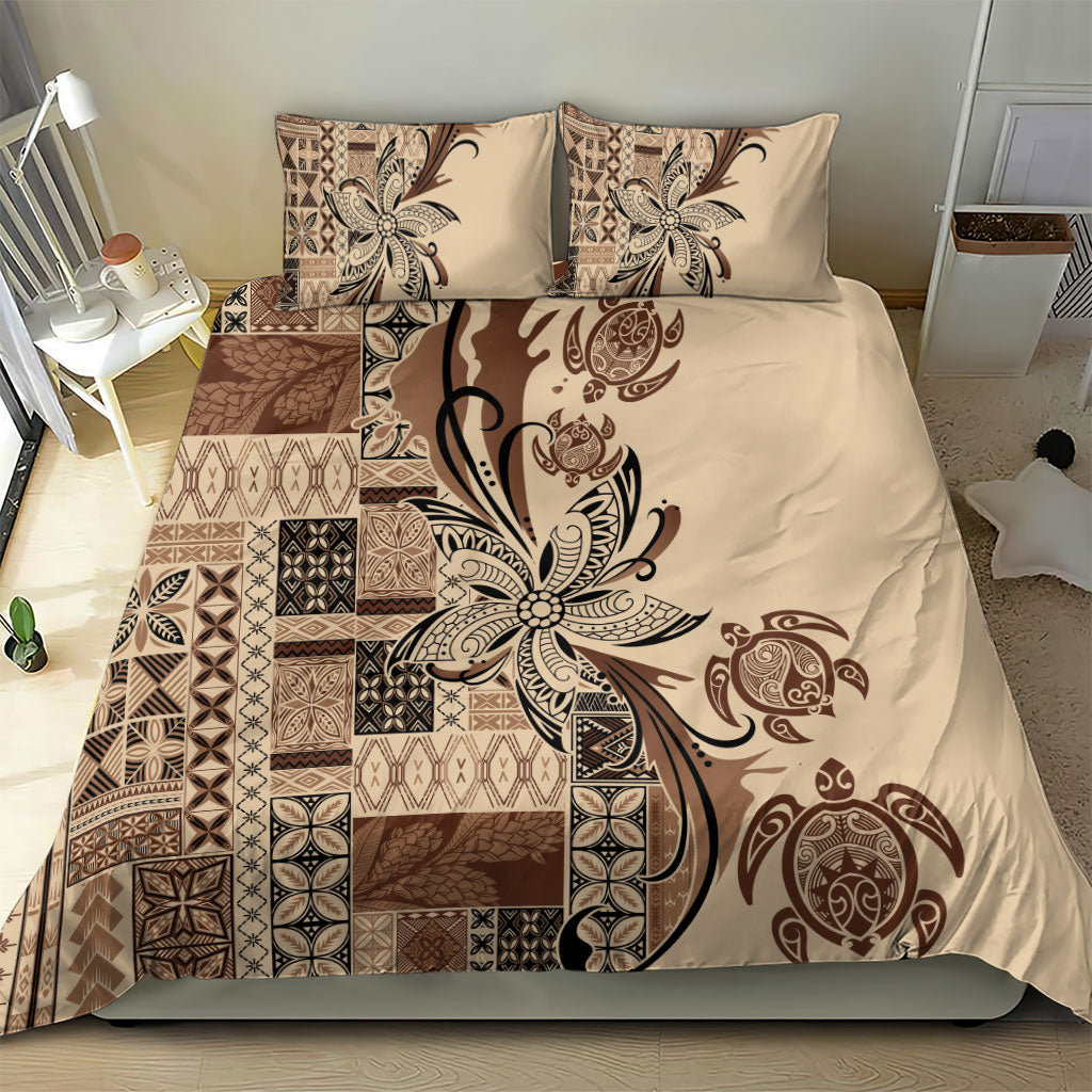 Talofa Samoa Mamanu Siapo Mix Malu Bedding Set Classic Beige Frangipani and Turtles LT7 - Polynesian Pride