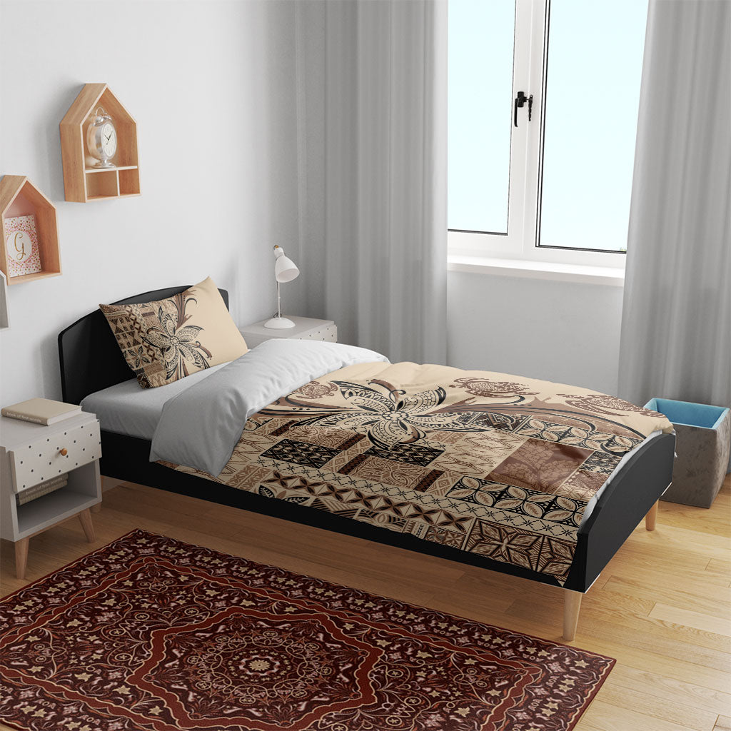 Talofa Samoa Mamanu Siapo Mix Malu Bedding Set Classic Beige Frangipani and Turtles LT7 - Polynesian Pride