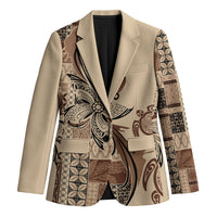 Talofa Samoa Mamanu Siapo Mix Malu Blazer Classic Beige Frangipani and Turtles LT7 Unisex Beige - Polynesian Pride