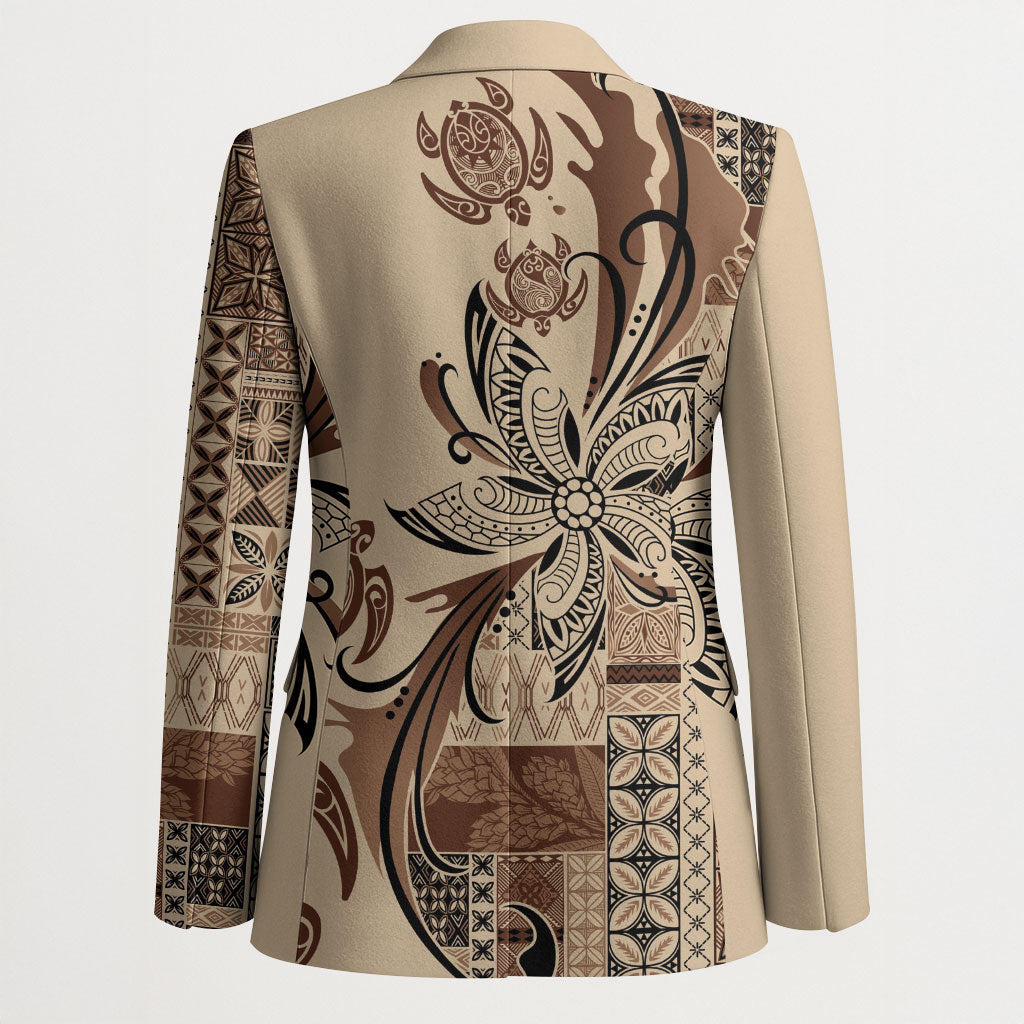 Talofa Samoa Mamanu Siapo Mix Malu Blazer Classic Beige Frangipani and Turtles LT7 - Polynesian Pride