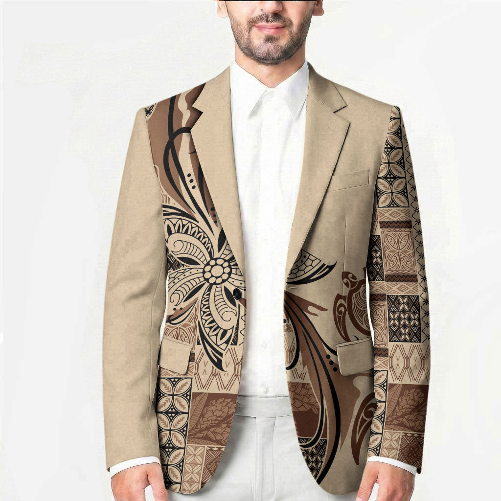 Talofa Samoa Mamanu Siapo Mix Malu Blazer Classic Beige Frangipani and Turtles LT7 - Polynesian Pride