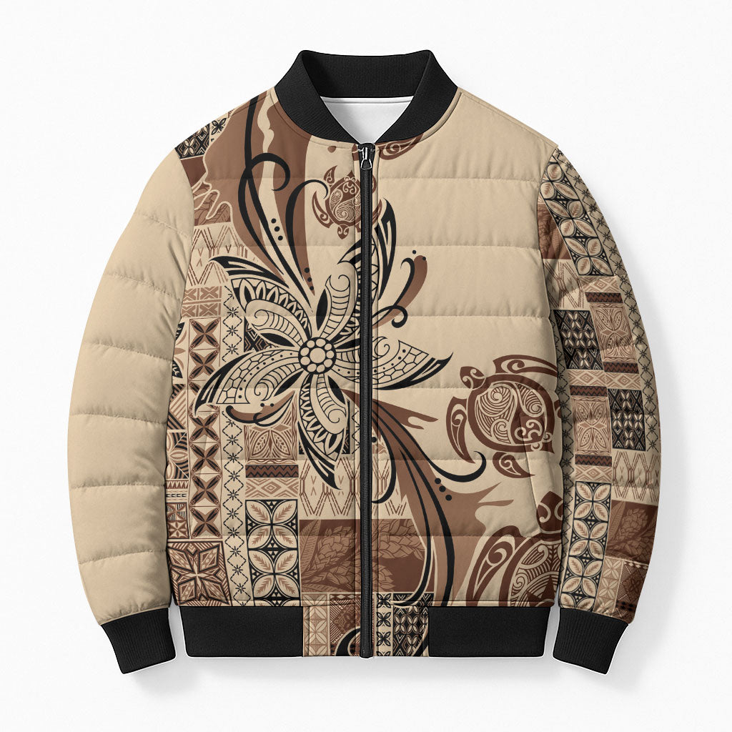 Talofa Samoa Mamanu Siapo Mix Malu Bomber Puffer Jacket Classic Beige Frangipani and Turtles LT7 Unisex Beige - Polynesian Pride