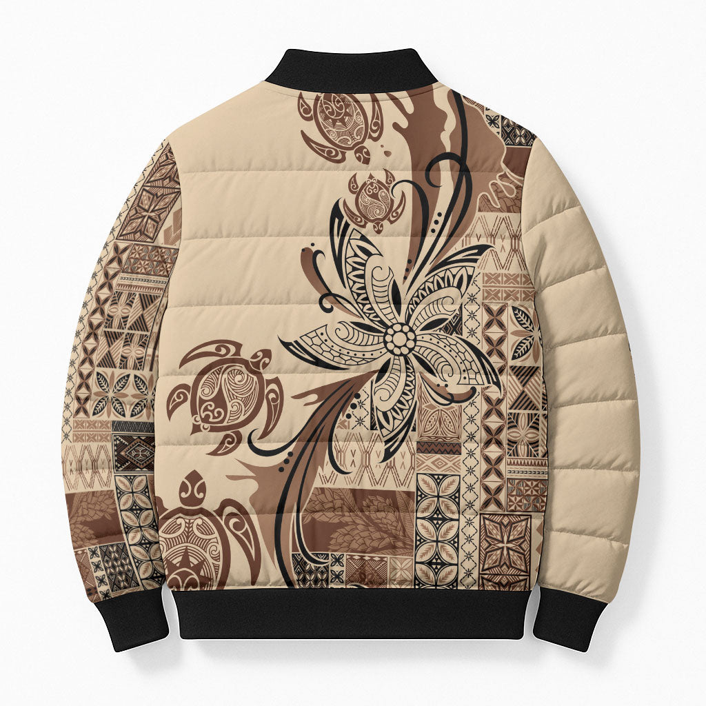 Talofa Samoa Mamanu Siapo Mix Malu Bomber Puffer Jacket Classic Beige Frangipani and Turtles LT7 - Polynesian Pride