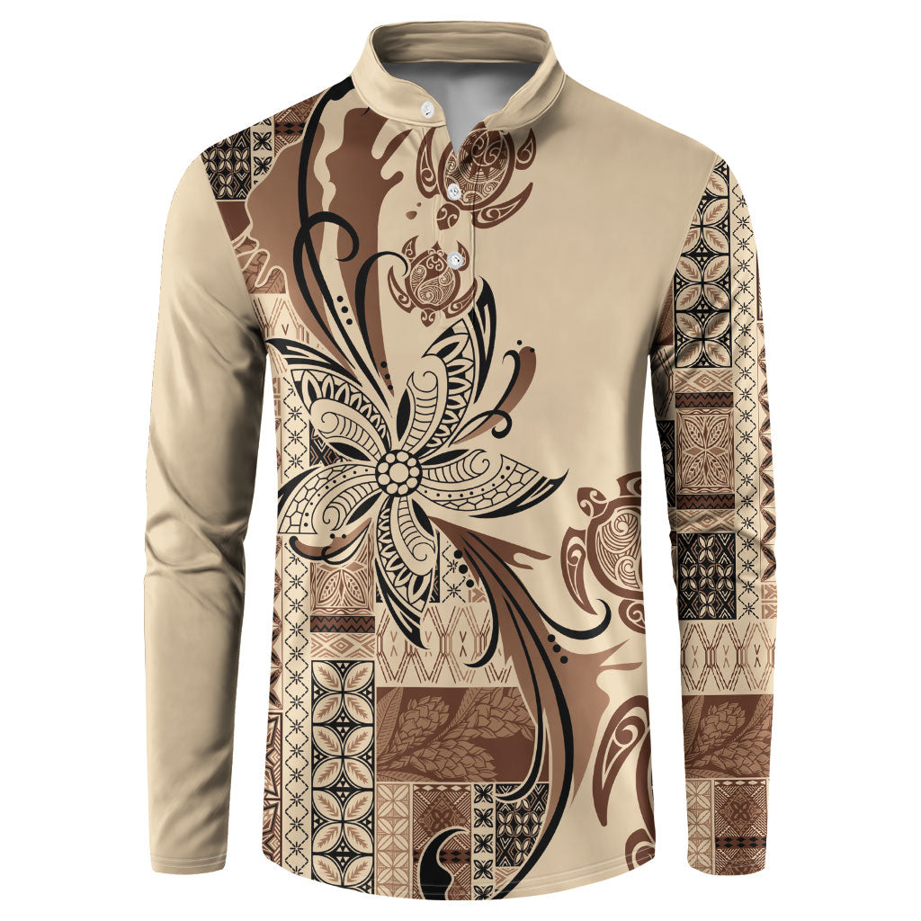 Talofa Samoa Mamanu Siapo Mix Malu Button Sweatshirt Classic Beige Frangipani and Turtles LT7 Beige - Polynesian Pride