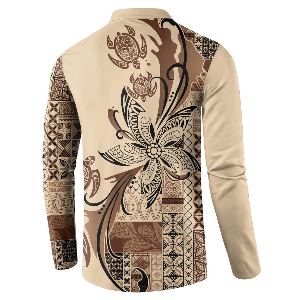 Talofa Samoa Mamanu Siapo Mix Malu Button Sweatshirt Classic Beige Frangipani and Turtles LT7 - Polynesian Pride