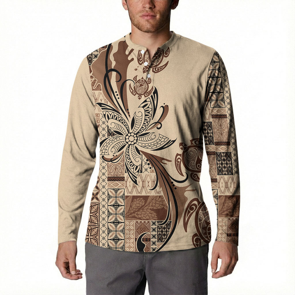 Talofa Samoa Mamanu Siapo Mix Malu Button Sweatshirt Classic Beige Frangipani and Turtles LT7 - Polynesian Pride