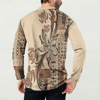 Talofa Samoa Mamanu Siapo Mix Malu Button Sweatshirt Classic Beige Frangipani and Turtles LT7 - Polynesian Pride