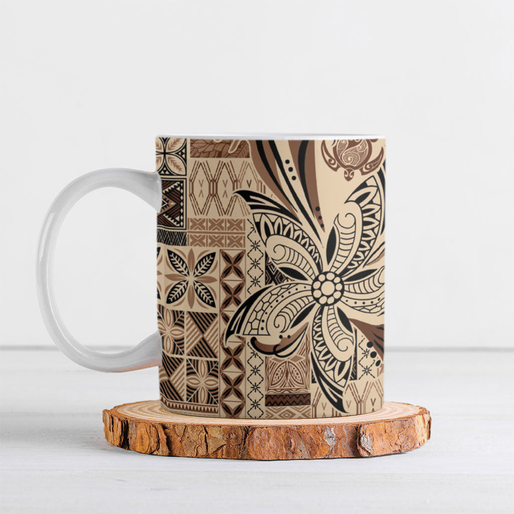 Talofa Samoa Mamanu Siapo Mix Malu Ceramic Mug Classic Beige Frangipani and Turtles LT7 Beige - Polynesian Pride