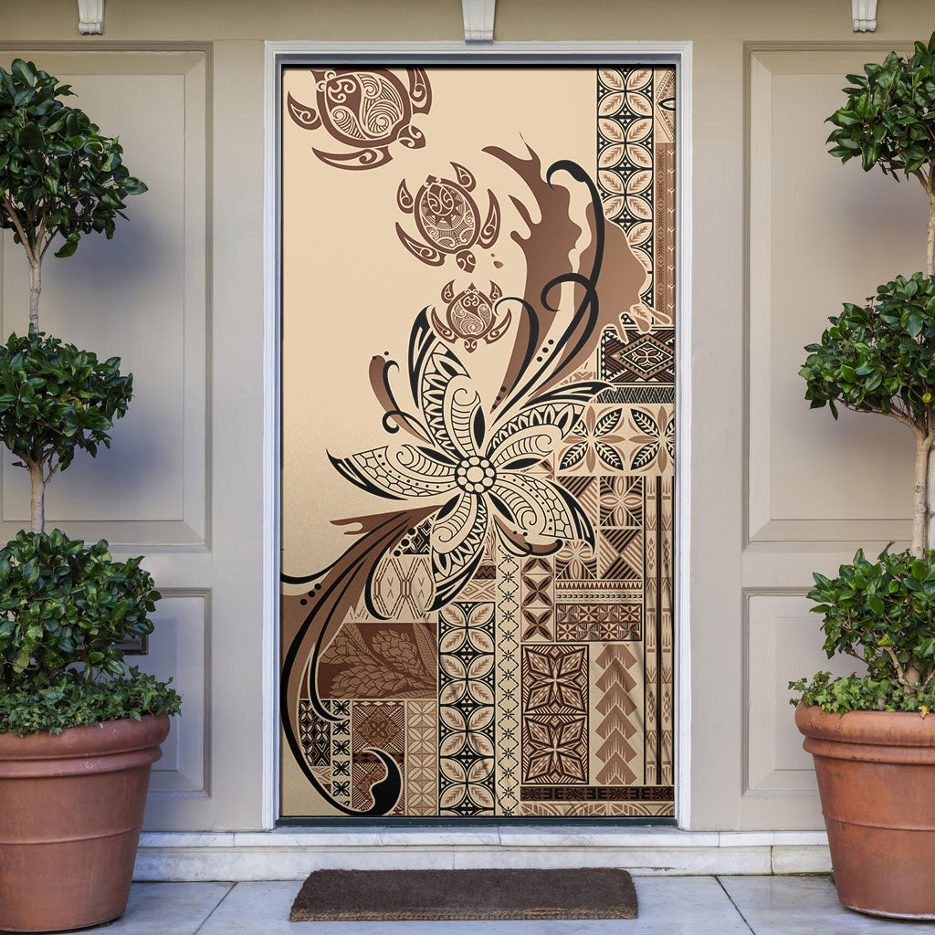 Talofa Samoa Mamanu Siapo Mix Malu Door Cover Classic Beige Frangipani and Turtles LT7 Beige - Polynesian Pride