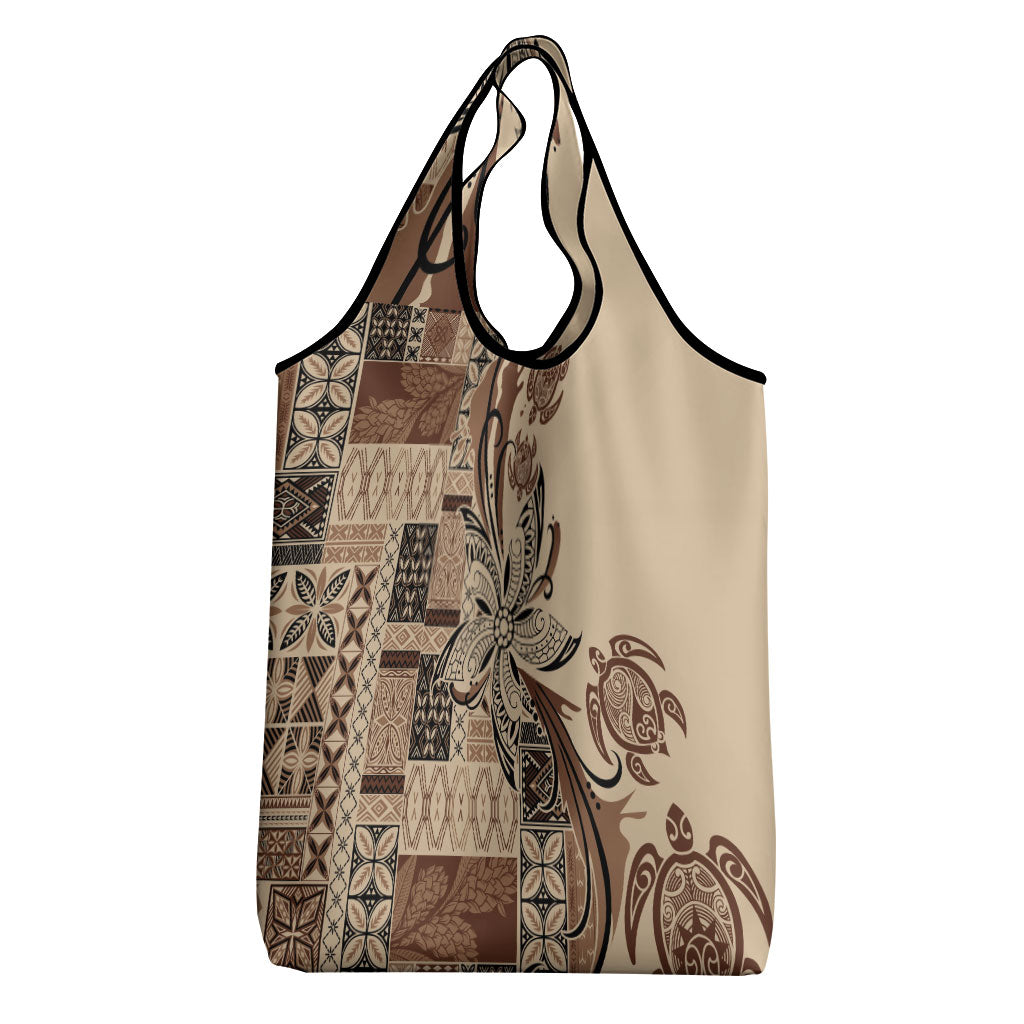 Talofa Samoa Mamanu Siapo Mix Malu Grocery Bag Classic Beige Frangipani and Turtles LT7 - Polynesian Pride