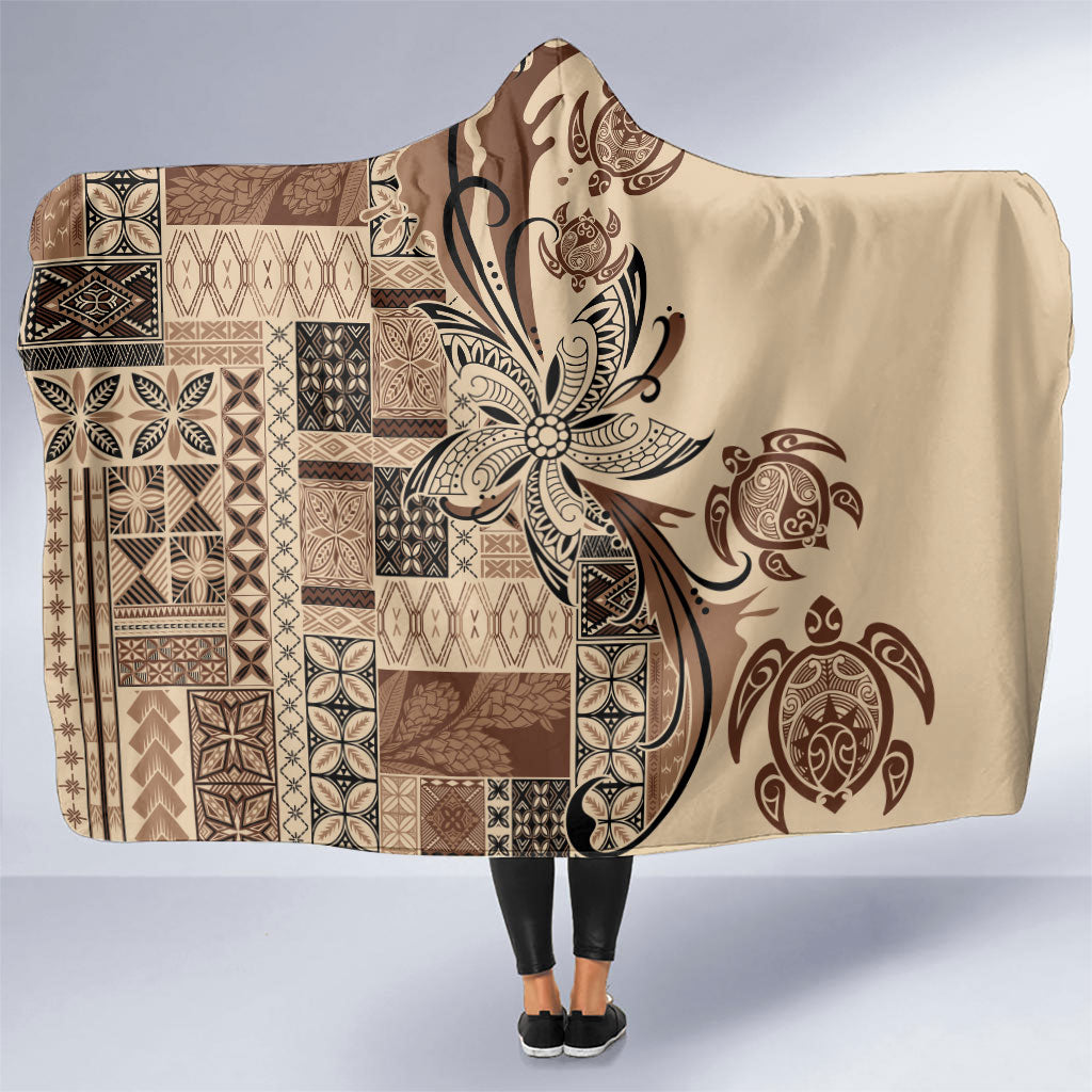 Talofa Samoa Mamanu Siapo Mix Malu Hooded Blanket Classic Beige Frangipani and Turtles LT7 One Size Beige - Polynesian Pride