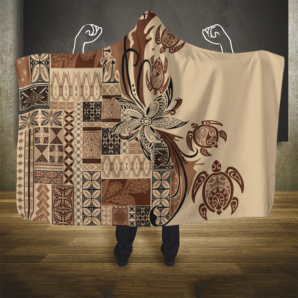 Talofa Samoa Mamanu Siapo Mix Malu Hooded Blanket Classic Beige Frangipani and Turtles LT7 - Polynesian Pride
