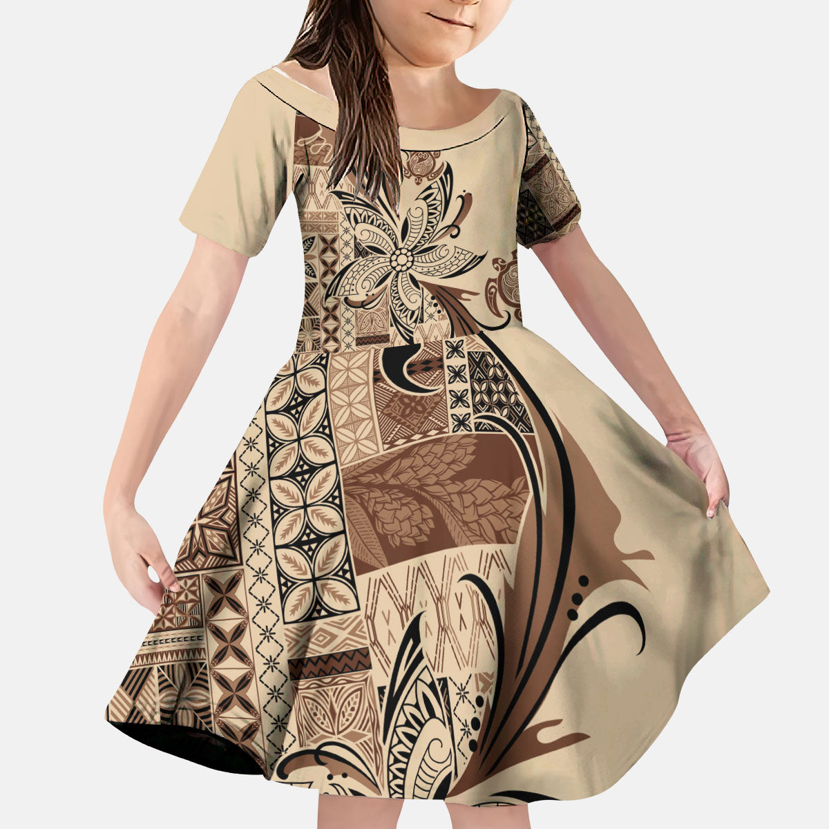 Talofa Samoa Mamanu Siapo Mix Malu Kid Short Sleeve Dress Classic Beige Frangipani and Turtles LT7 KID Beige - Polynesian Pride