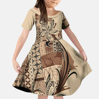 Talofa Samoa Mamanu Siapo Mix Malu Kid Short Sleeve Dress Classic Beige Frangipani and Turtles LT7 KID Beige - Polynesian Pride