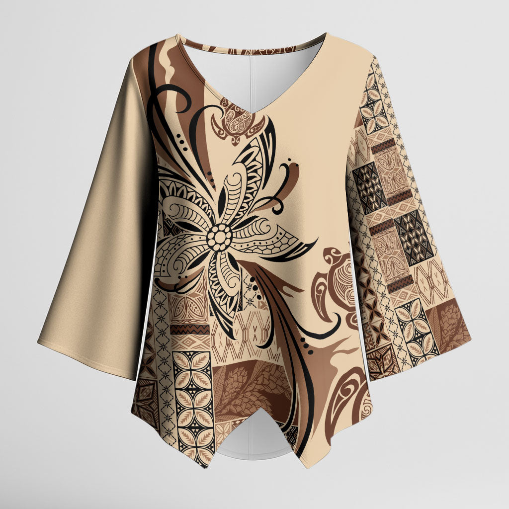 Talofa Samoa Mamanu Siapo Mix Malu Kimono Sleeve Blouse Classic Beige Frangipani and Turtles LT7 Female Beige - Polynesian Pride