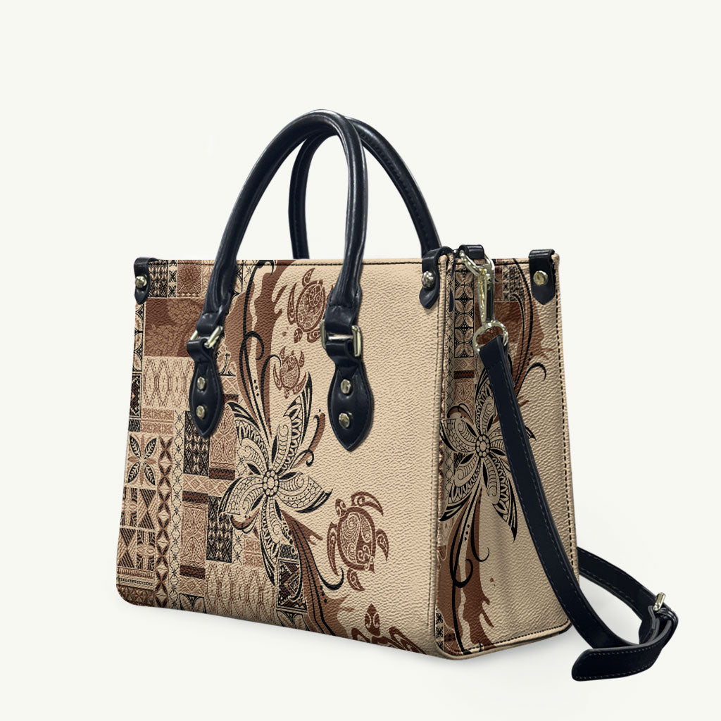Talofa Samoa Mamanu Siapo Mix Malu Leather Bag Classic Beige Frangipani and Turtles LT7 Beige - Polynesian Pride