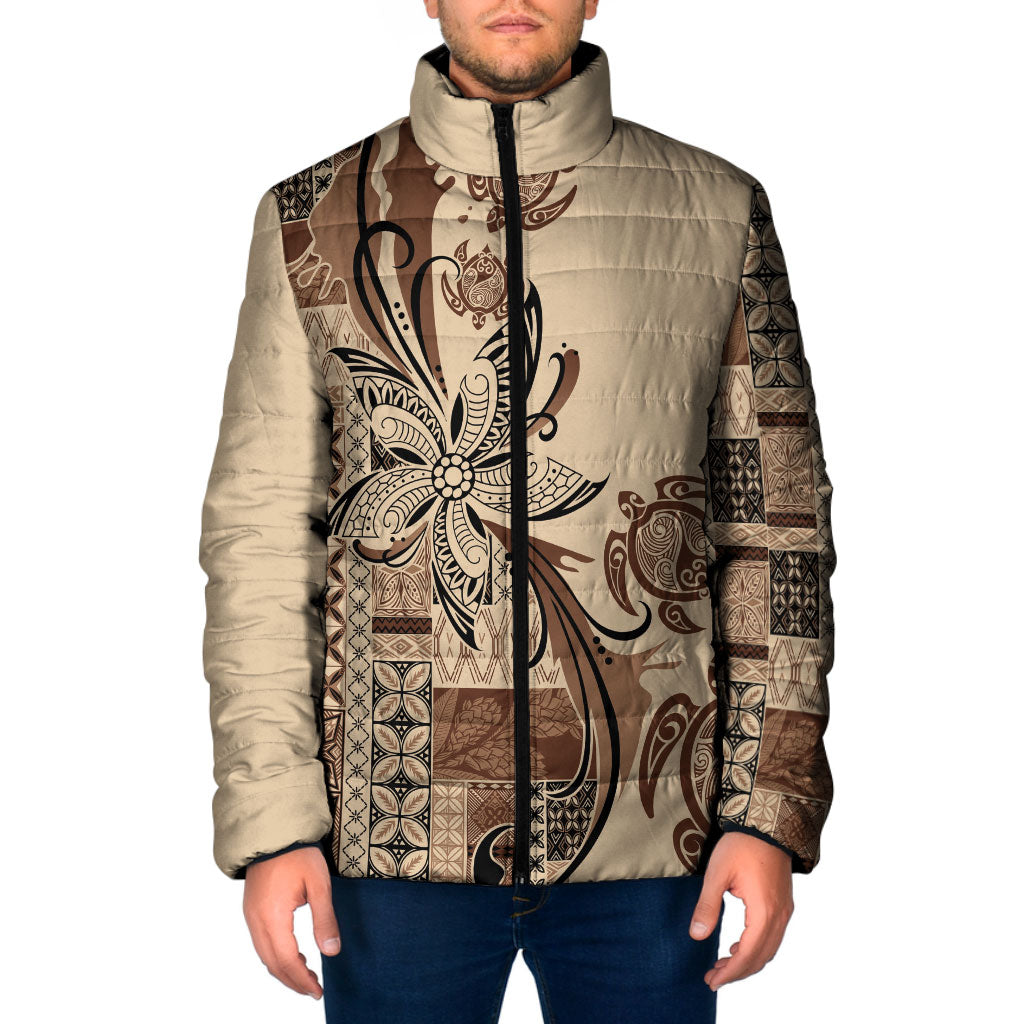 Talofa Samoa Mamanu Siapo Mix Malu Padded Jacket Classic Beige Frangipani and Turtles LT7 Men Beige - Polynesian Pride