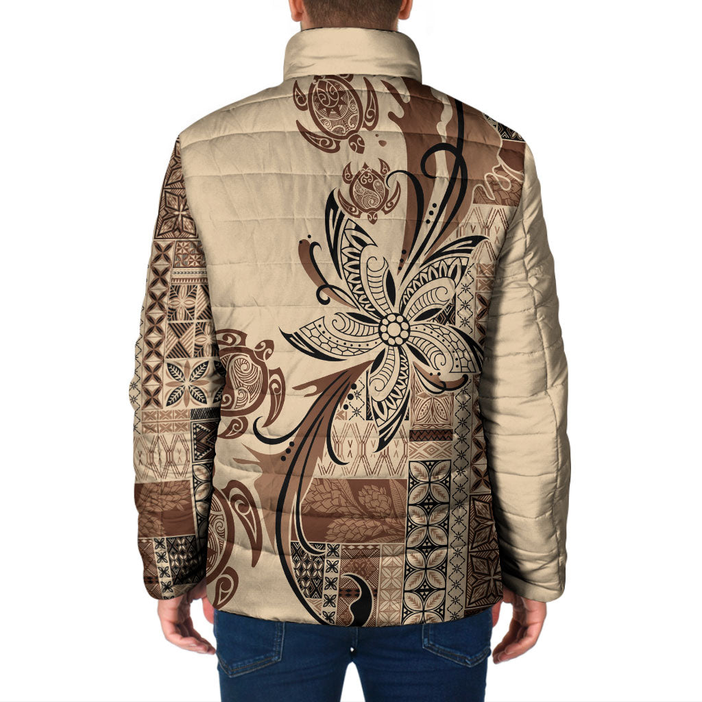 Talofa Samoa Mamanu Siapo Mix Malu Padded Jacket Classic Beige Frangipani and Turtles LT7 - Polynesian Pride