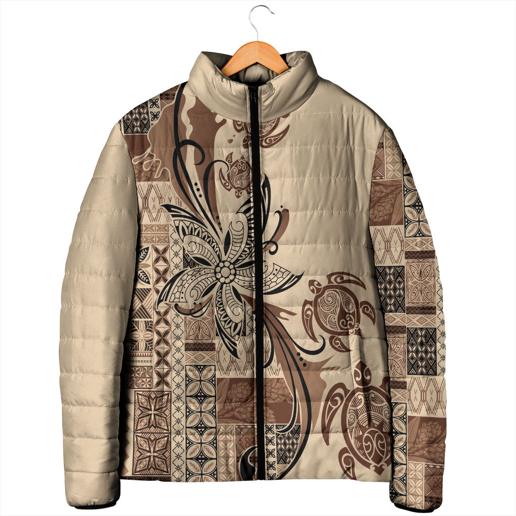 Talofa Samoa Mamanu Siapo Mix Malu Padded Jacket Classic Beige Frangipani and Turtles LT7 - Polynesian Pride