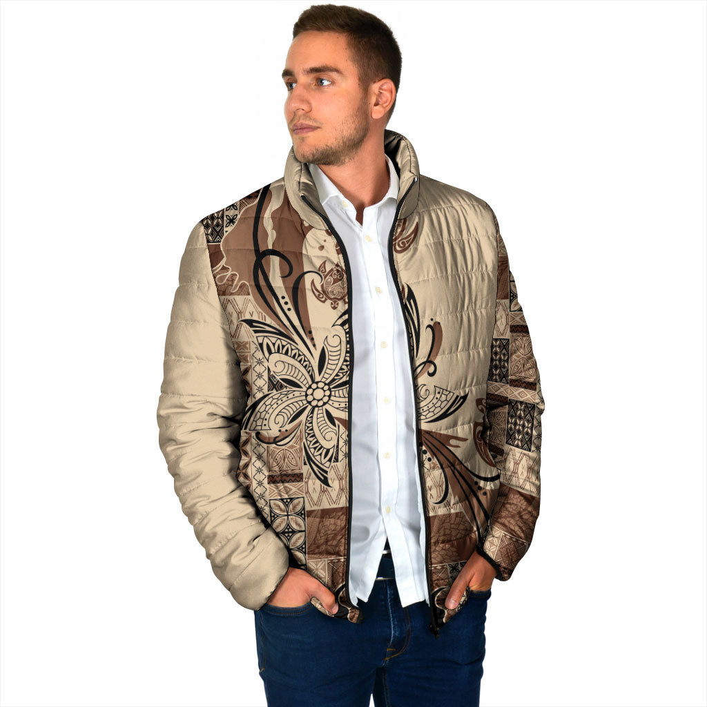 Talofa Samoa Mamanu Siapo Mix Malu Padded Jacket Classic Beige Frangipani and Turtles LT7 - Polynesian Pride