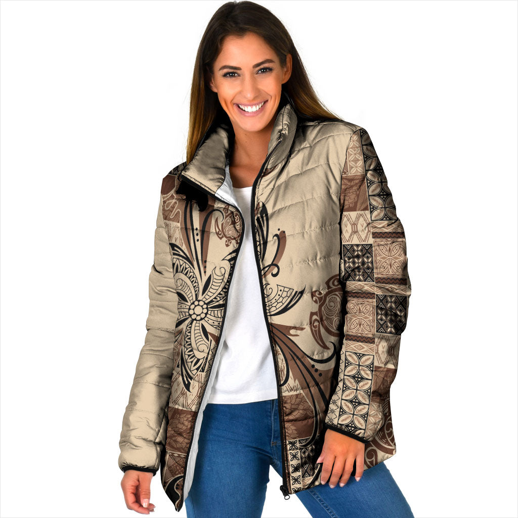 Talofa Samoa Mamanu Siapo Mix Malu Padded Jacket Classic Beige Frangipani and Turtles LT7 Women Beige - Polynesian Pride