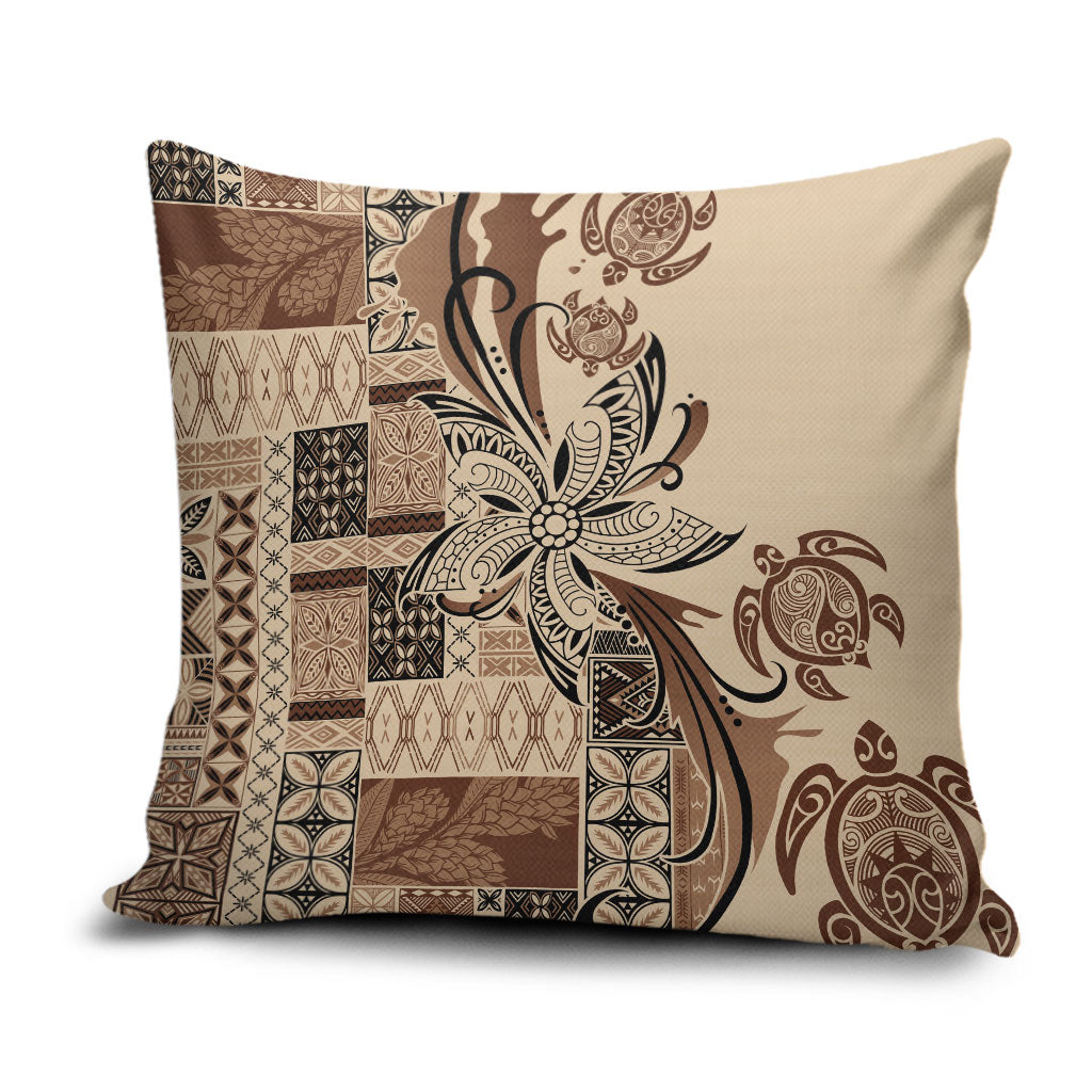 Talofa Samoa Mamanu Siapo Mix Malu Pillow Cover Classic Beige Frangipani and Turtles LT7 Beige - Polynesian Pride