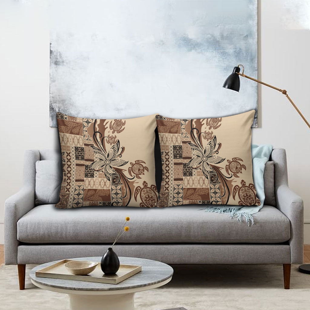 Talofa Samoa Mamanu Siapo Mix Malu Pillow Cover Classic Beige Frangipani and Turtles LT7 - Polynesian Pride