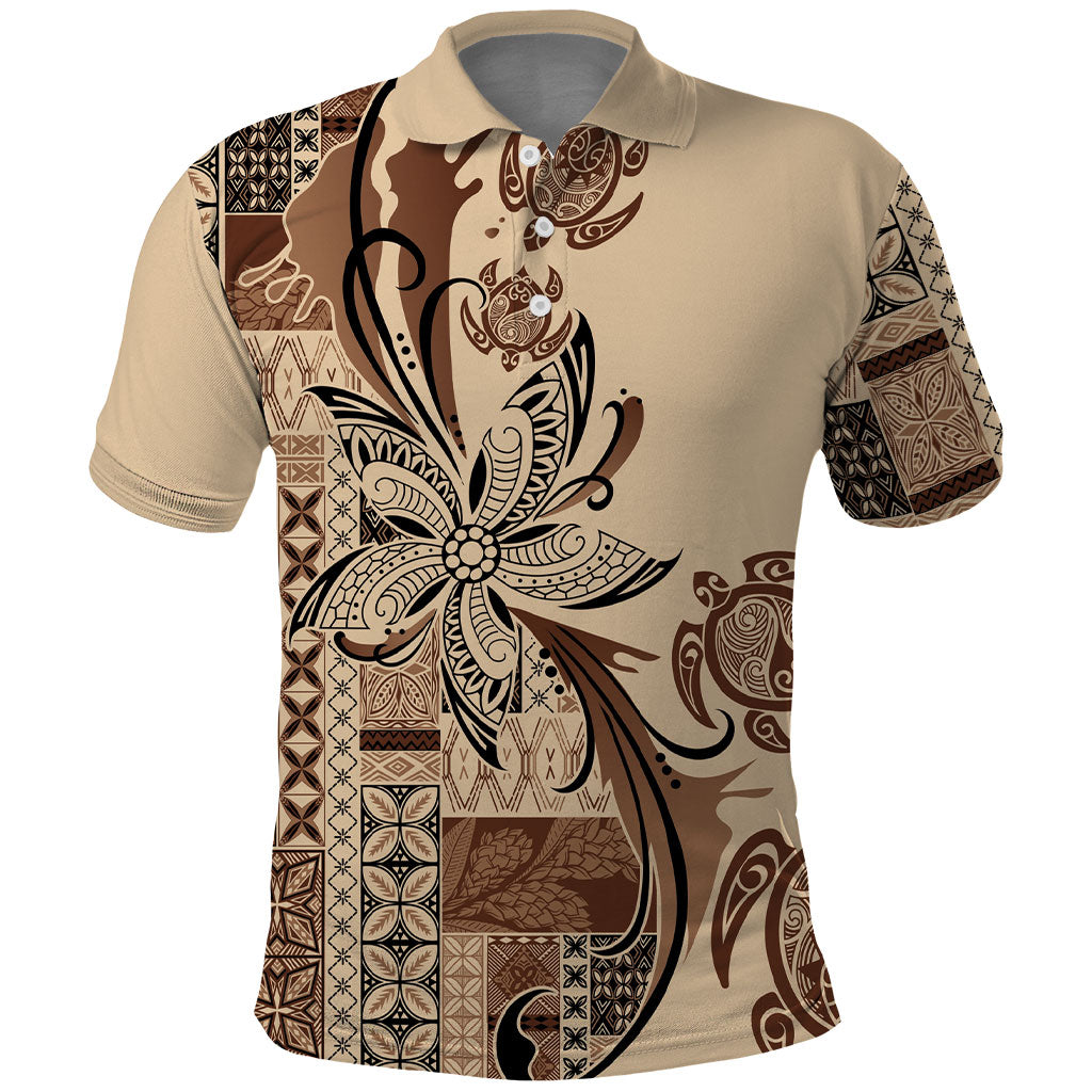Talofa Samoa Mamanu Siapo Mix Malu Polo Shirt Classic Beige Frangipani and Turtles LT7 Beige - Polynesian Pride