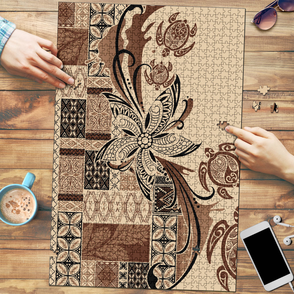 Talofa Samoa Mamanu Siapo Mix Malu Puzzle Classic Beige Frangipani and Turtles LT7 Beige - Polynesian Pride