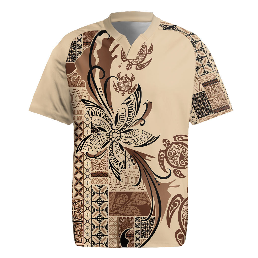 Talofa Samoa Mamanu Siapo Mix Malu Rugby Jersey Classic Beige Frangipani and Turtles LT7 Beige - Polynesian Pride