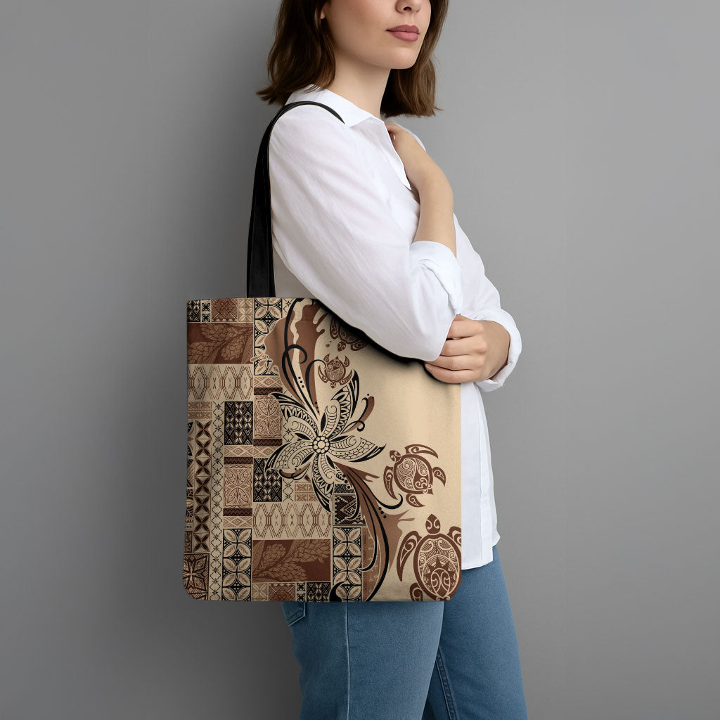 Talofa Samoa Mamanu Siapo Mix Malu Tote Bag Classic Beige Frangipani and Turtles LT7 - Polynesian Pride