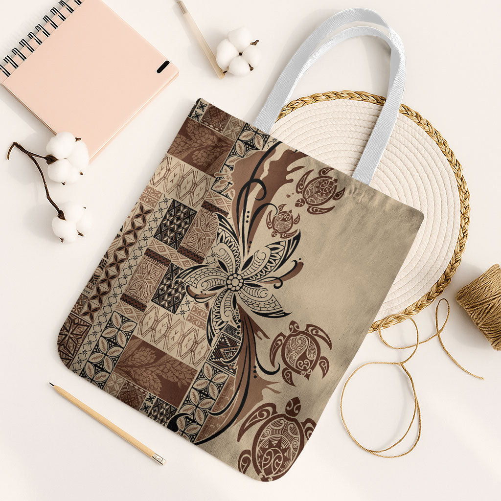 Talofa Samoa Mamanu Siapo Mix Malu Tote Bag Classic Beige Frangipani and Turtles LT7 White Strap One Size Beige - Polynesian Pride