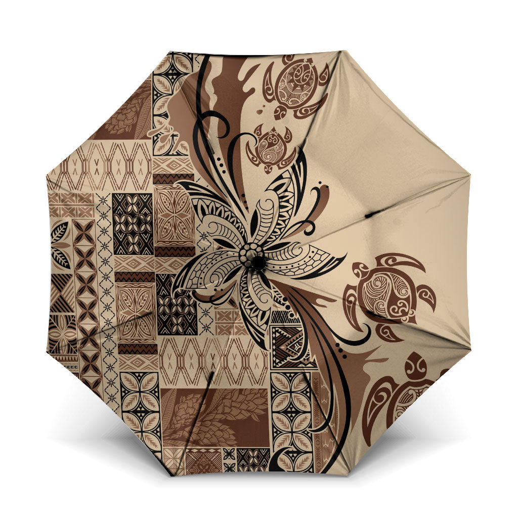Talofa Samoa Mamanu Siapo Mix Malu Umbrella Classic Beige Frangipani and Turtles LT7 One Size Folded 11.42 inch Opened Diameter 37.4 inch Beige - Polynesian Pride