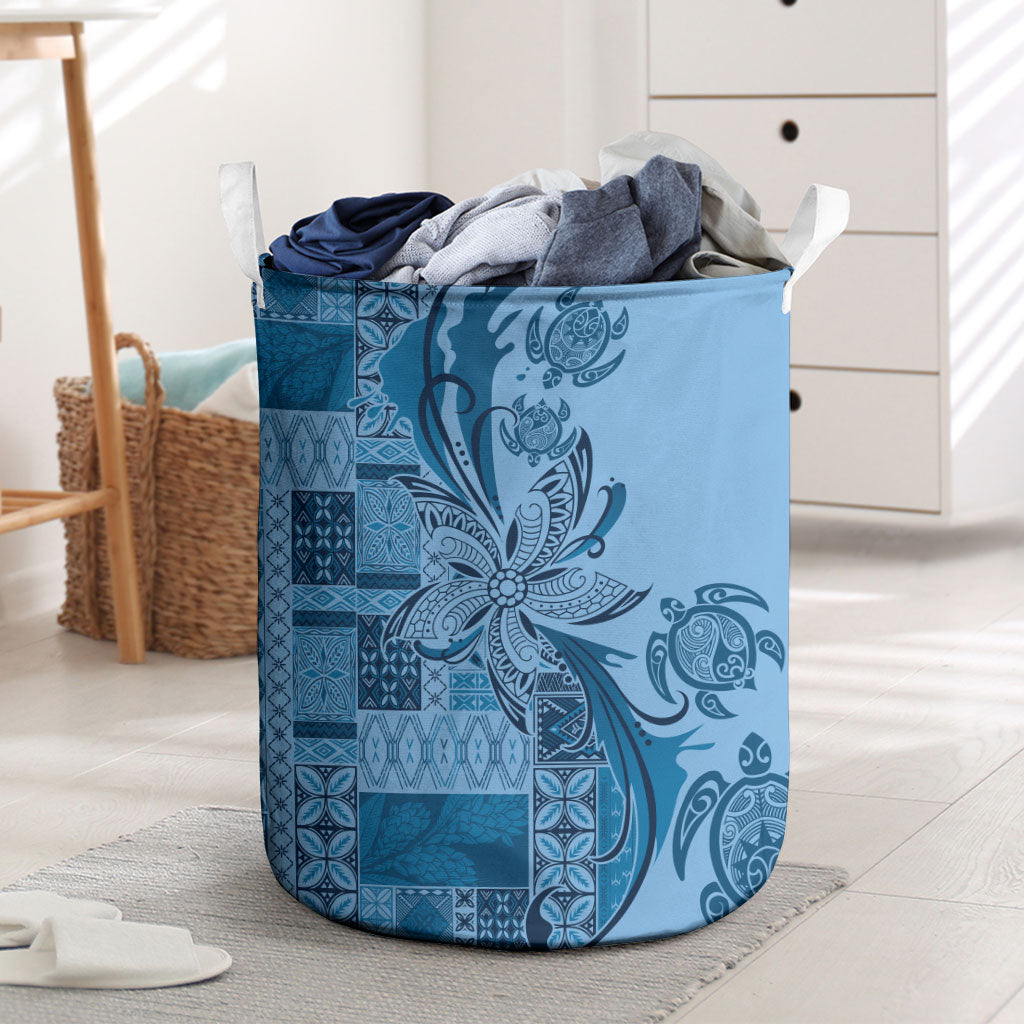 Talofa Samoa Mamanu Siapo Mix Malu Laundry Basket Cool Blue Frangipani and Turtles LT7 Blue - Polynesian Pride