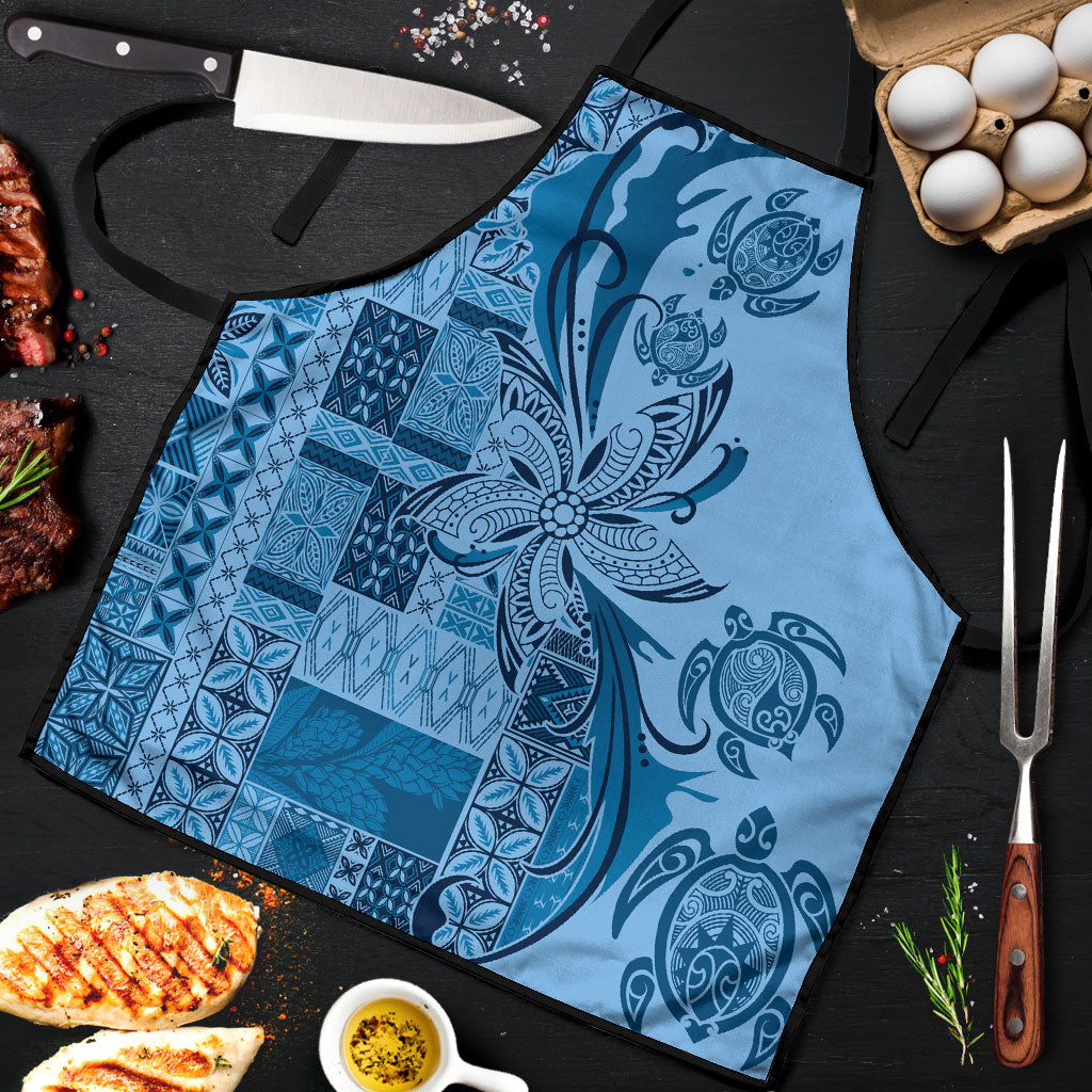 Talofa Samoa Mamanu Siapo Mix Malu Apron Cool Blue Frangipani and Turtles LT7 Blue - Polynesian Pride