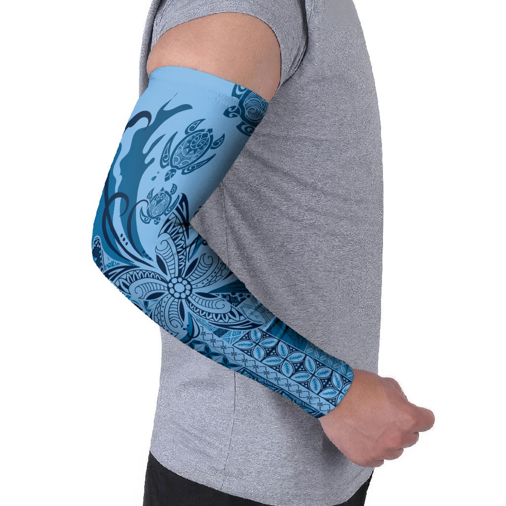 Talofa Samoa Mamanu Siapo Mix Malu Arm Sleeves Cool Blue Frangipani and Turtles LT7 - Polynesian Pride
