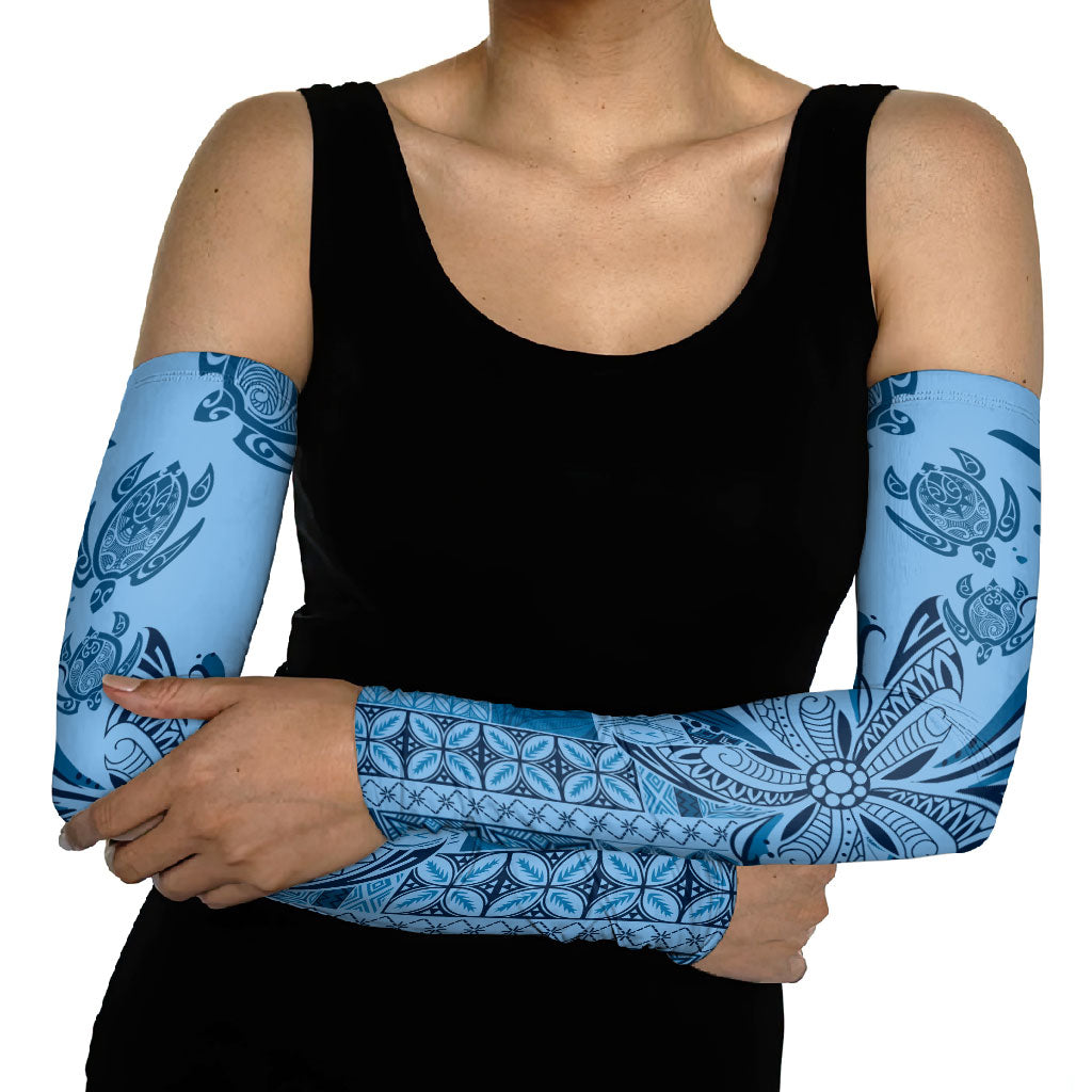 Talofa Samoa Mamanu Siapo Mix Malu Arm Sleeves Cool Blue Frangipani and Turtles LT7 - Polynesian Pride