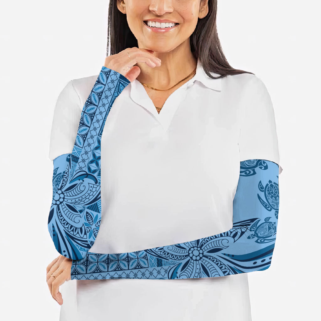 Talofa Samoa Mamanu Siapo Mix Malu Arm Sleeves Cool Blue Frangipani and Turtles LT7 - Polynesian Pride