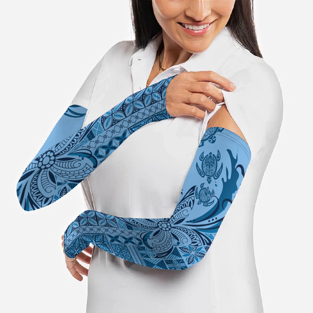 Talofa Samoa Mamanu Siapo Mix Malu Arm Sleeves Cool Blue Frangipani and Turtles LT7 - Polynesian Pride