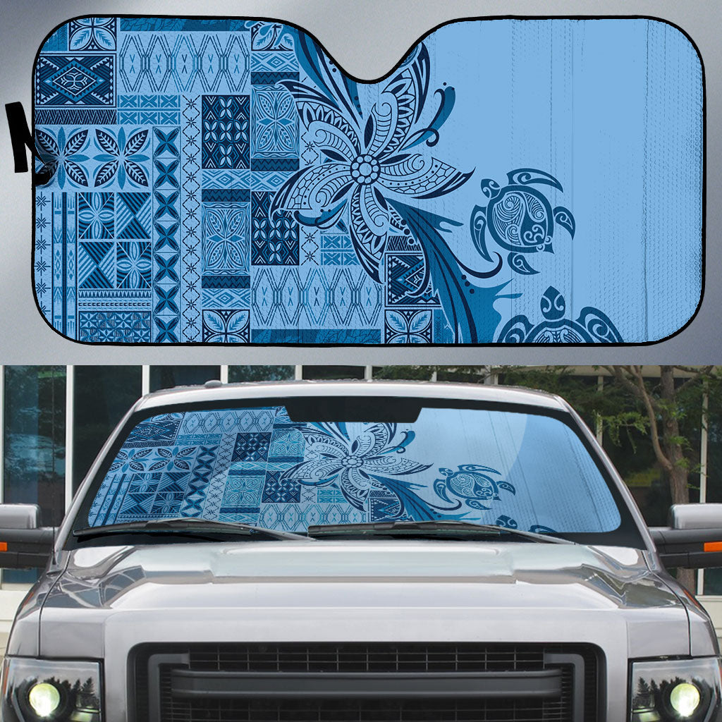Talofa Samoa Mamanu Siapo Mix Malu Auto Sun Shade Cool Blue Frangipani and Turtles LT7 Blue - Polynesian Pride