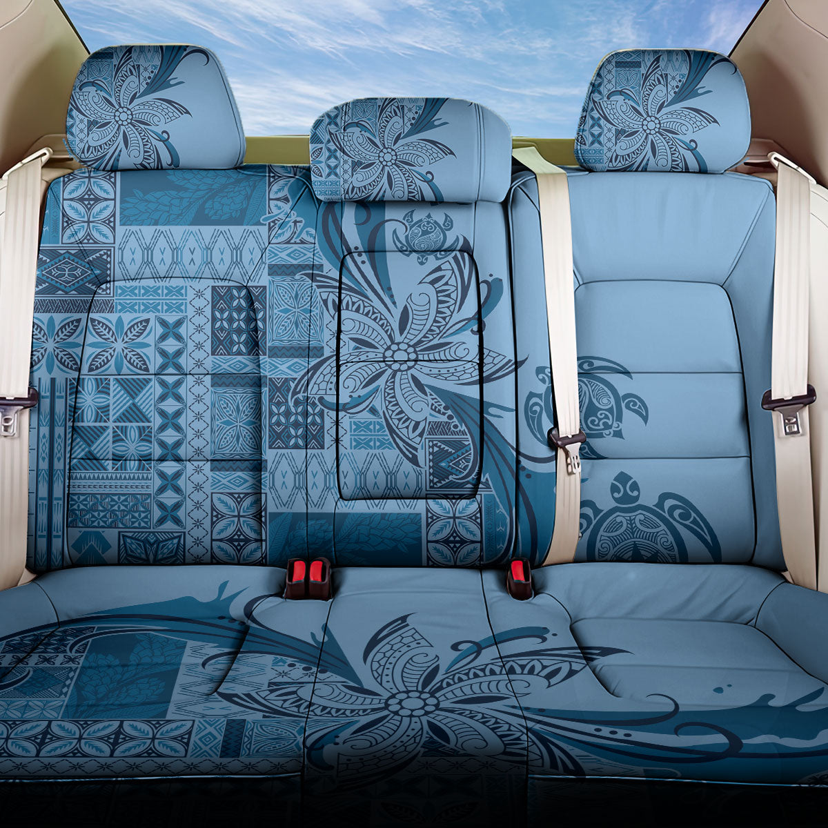 Talofa Samoa Mamanu Siapo Mix Malu Back Car Seat Cover Cool Blue Frangipani and Turtles LT7 One Size Blue - Polynesian Pride