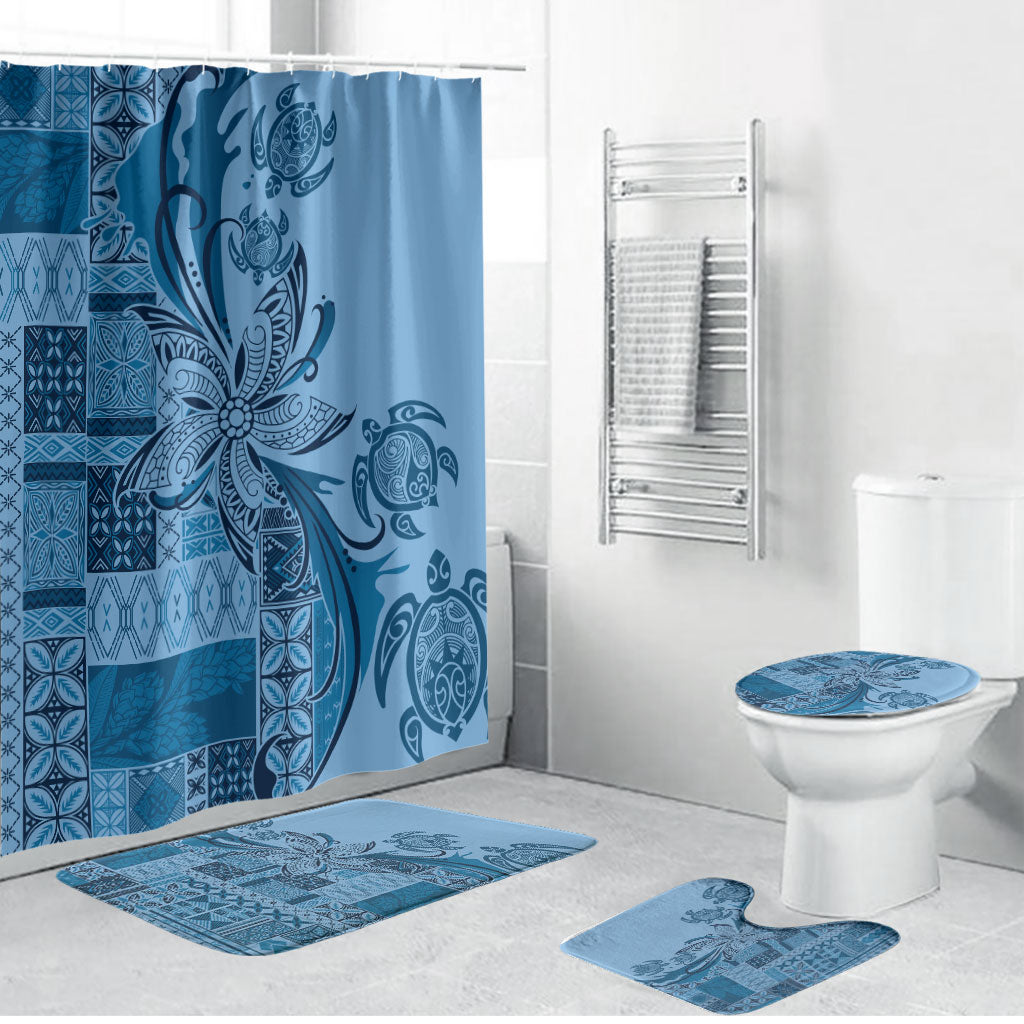 Talofa Samoa Mamanu Siapo Mix Malu Bathroom Set Cool Blue Frangipani and Turtles LT7 Bathroom Set (4 pcs) Blue - Polynesian Pride