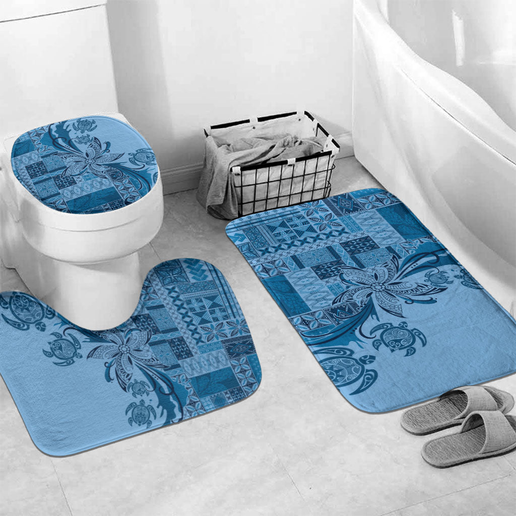 Talofa Samoa Mamanu Siapo Mix Malu Bathroom Set Cool Blue Frangipani and Turtles LT7 Mat Set Only (3 pcs) One Size Blue - Polynesian Pride