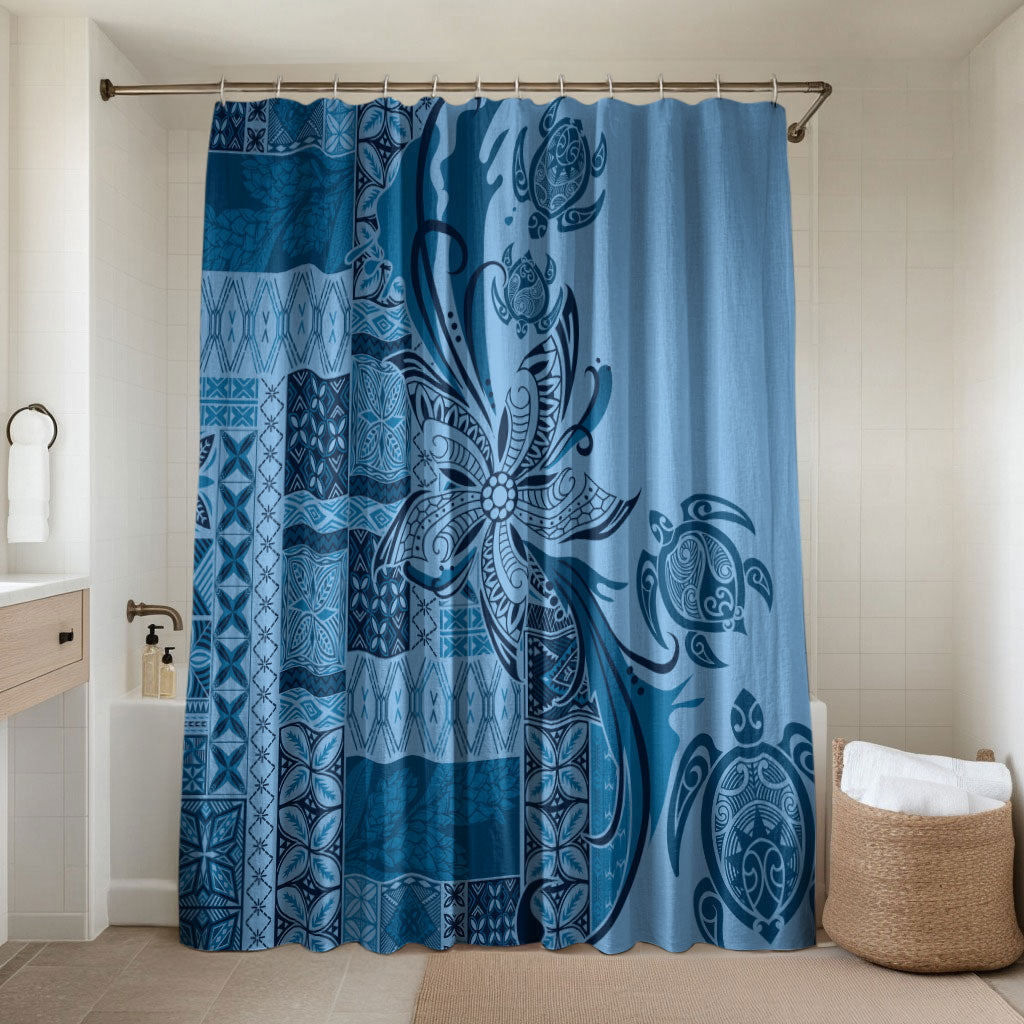Talofa Samoa Mamanu Siapo Mix Malu Bathroom Set Cool Blue Frangipani and Turtles LT7 Shower Curtain Only Blue - Polynesian Pride