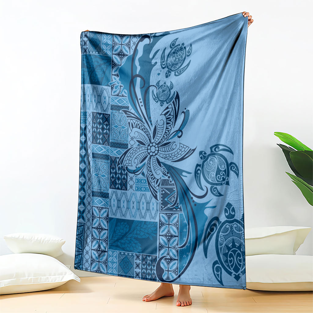 Talofa Samoa Mamanu Siapo Mix Malu Blanket Cool Blue Frangipani and Turtles LT7 - Polynesian Pride