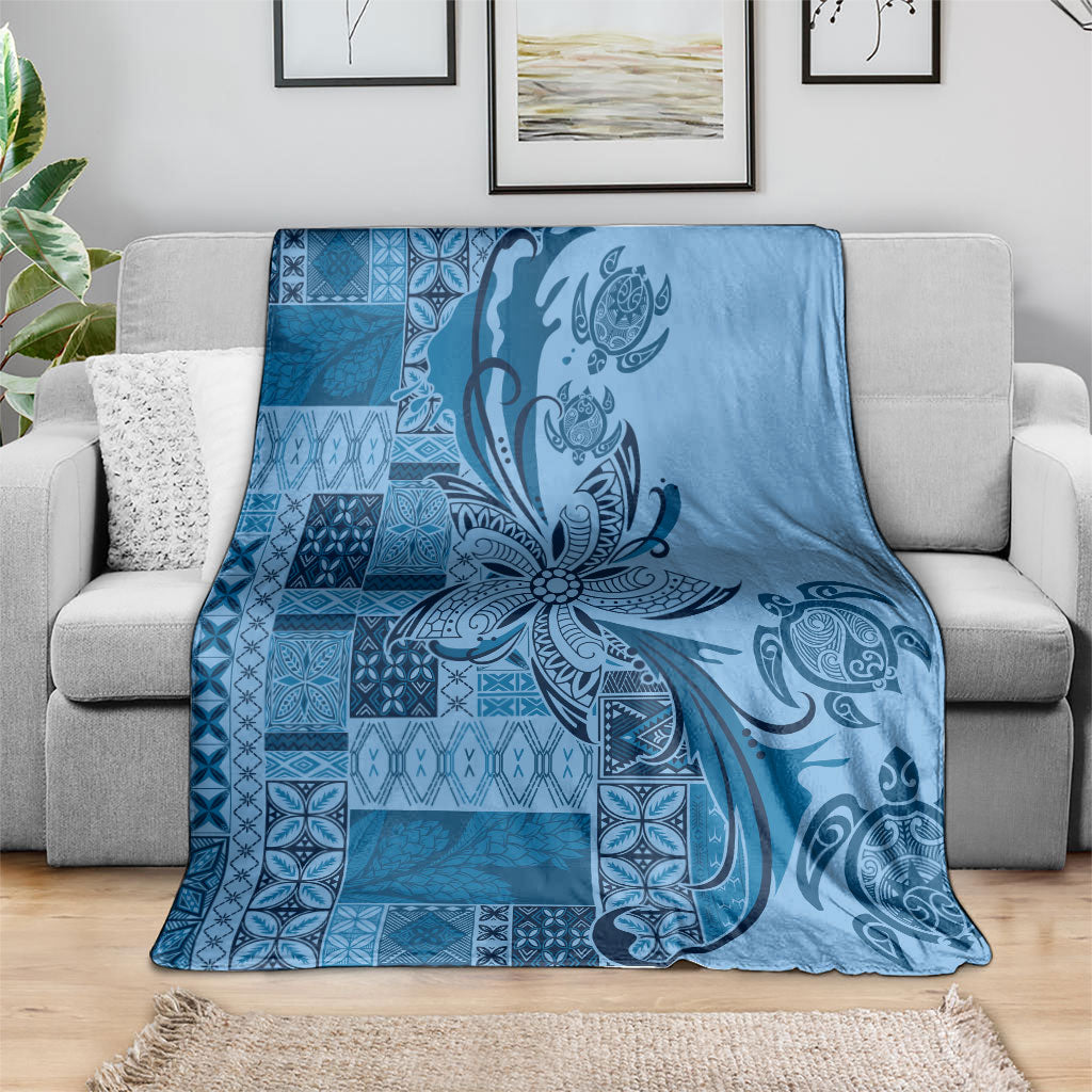 Talofa Samoa Mamanu Siapo Mix Malu Blanket Cool Blue Frangipani and Turtles LT7 - Polynesian Pride