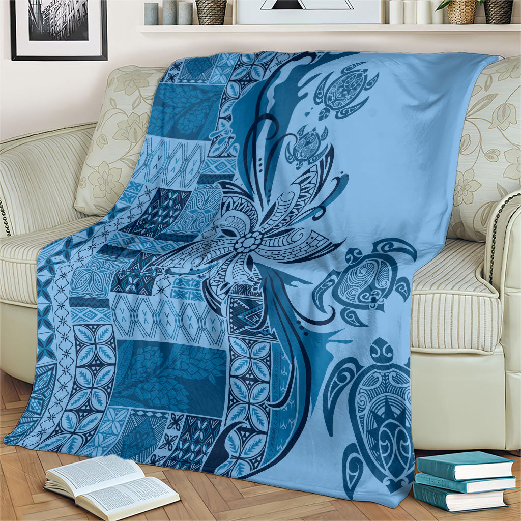 Talofa Samoa Mamanu Siapo Mix Malu Blanket Cool Blue Frangipani and Turtles LT7 - Polynesian Pride