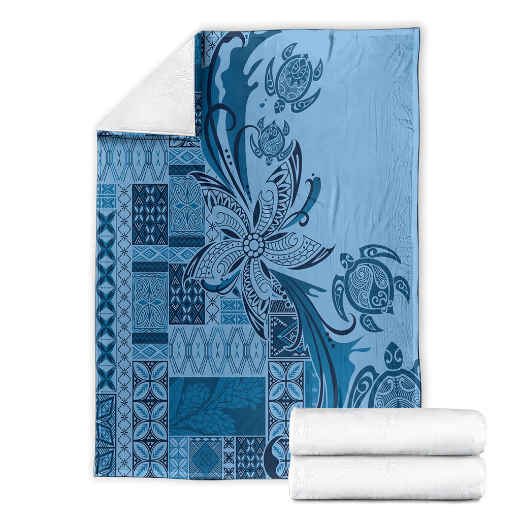 Talofa Samoa Mamanu Siapo Mix Malu Blanket Cool Blue Frangipani and Turtles LT7 - Polynesian Pride